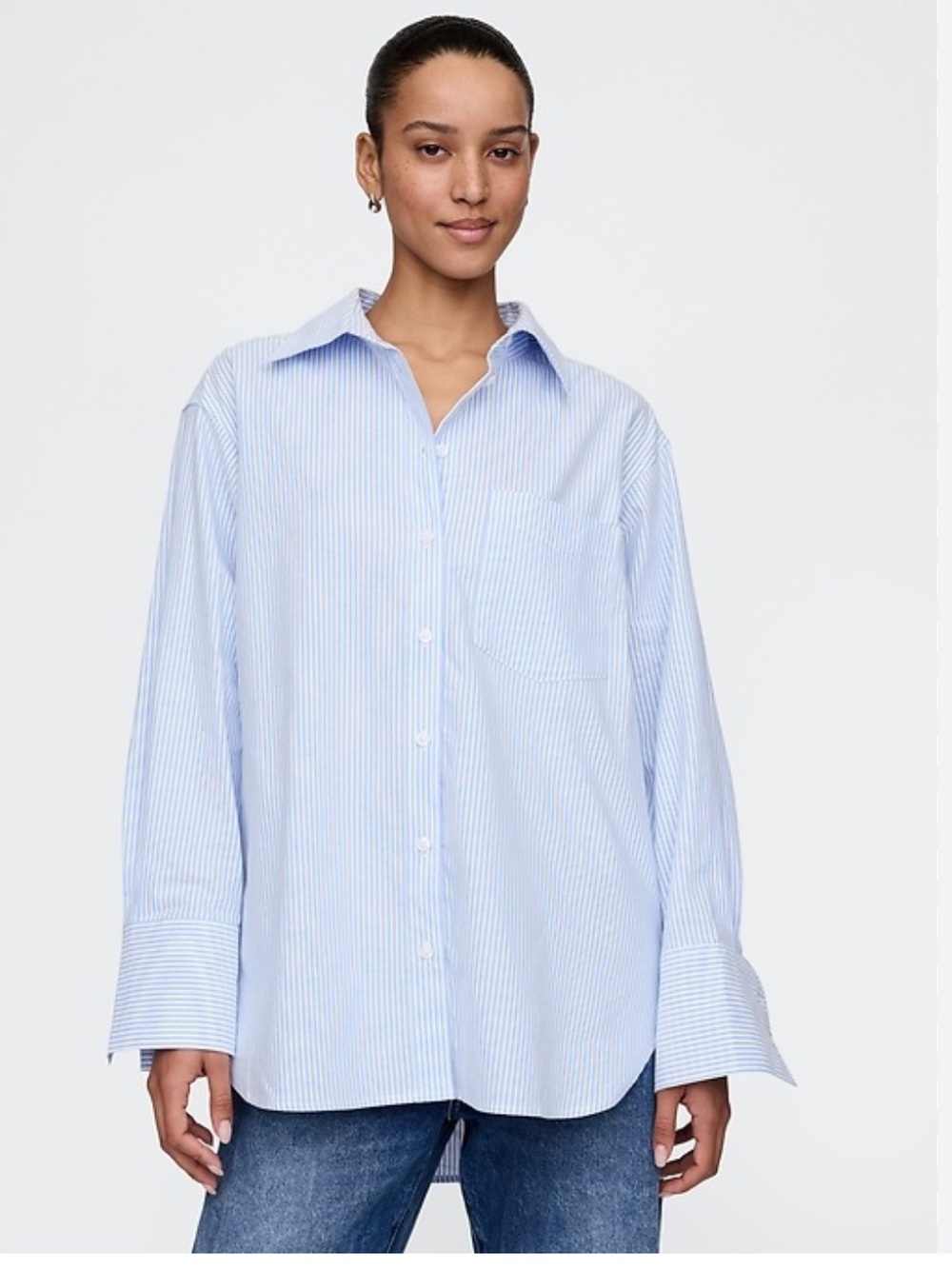 GAP Organic Cotton Oxford Big Shirt Oversized Blue Striped Petite Large